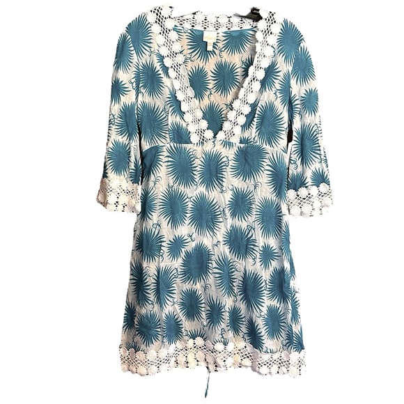 Milly Aster Print Polynesian Dress in Aqua & White Size Large - Picture 2 of 10